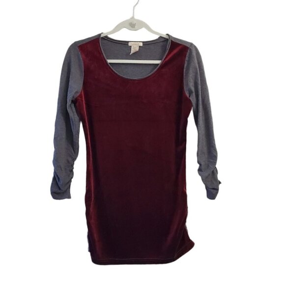 Sundance Blouse‎ Small Dulcet Burgundy Velvet Colorblock Ruched Sleeve Top - Picture 1 of 9
